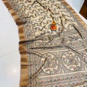 Beige Tussar Silk Saree with Hand-Painted Madhubani Motifs – Birds, Florals & Geometry