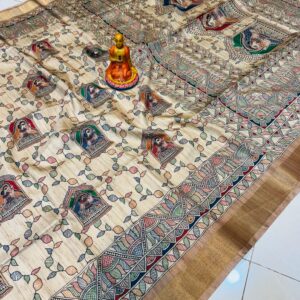 Handpainted Multicolor Madhubani Heritage Tussar Silk Saree – Beige Canvas with Bronze Borders & Story Panels