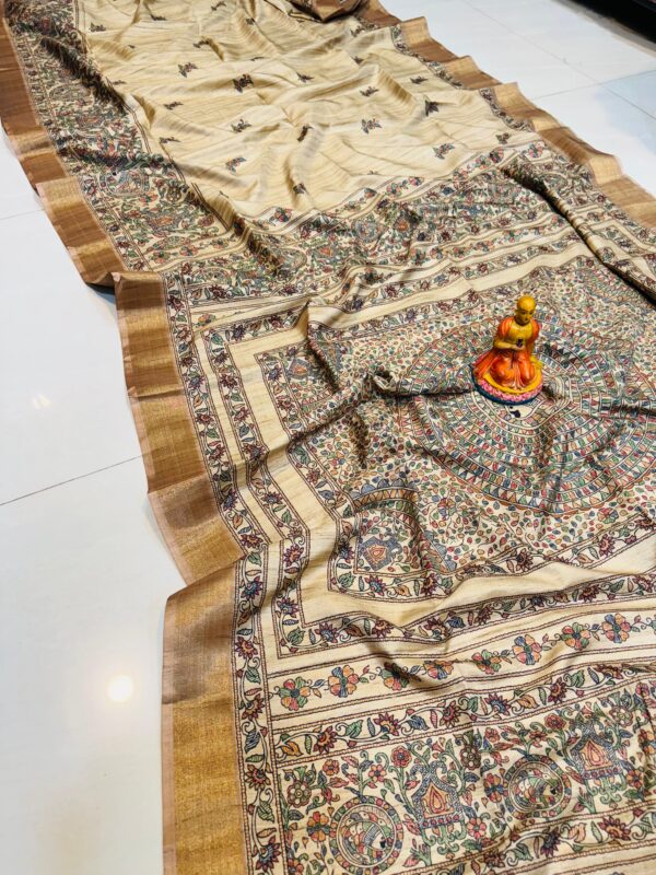 Handcrafted Tussar Silk Saree with Madhubani-Inspired Floral & Circular Motifs – Beige & Bronze