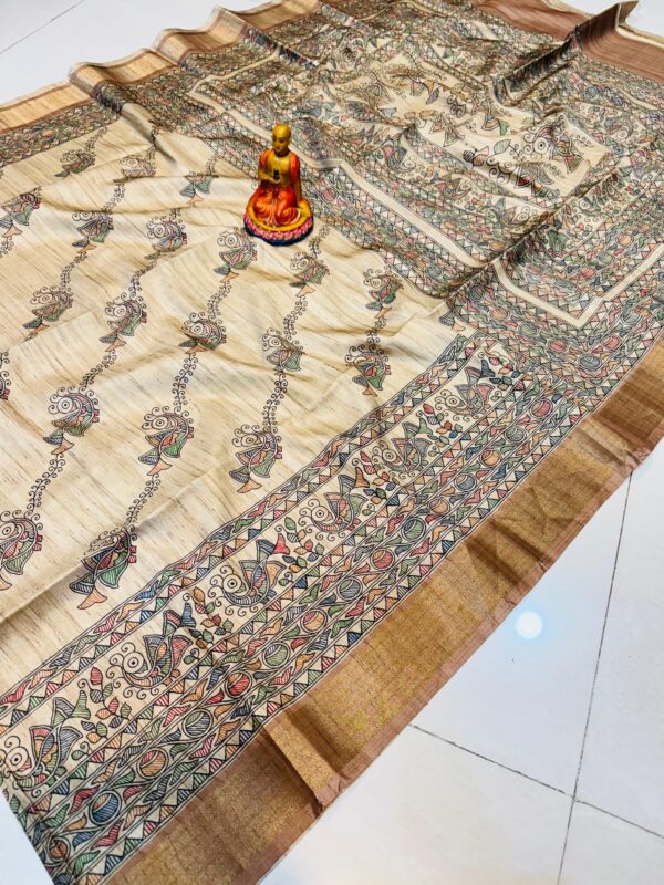 Beige Tussar Silk Saree with Multicolored Madhubani Fish Motifs & Geometric Borders – Handcrafted Elegance