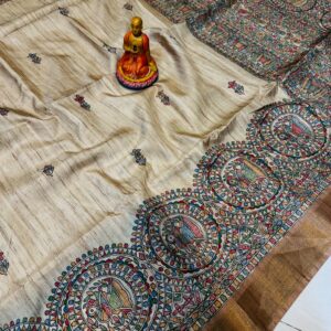 Handcrafted Tussar Silk Saree with Vibrant Madhubani Circular & Scattered Motifs – Beige & Bronze Elegance
