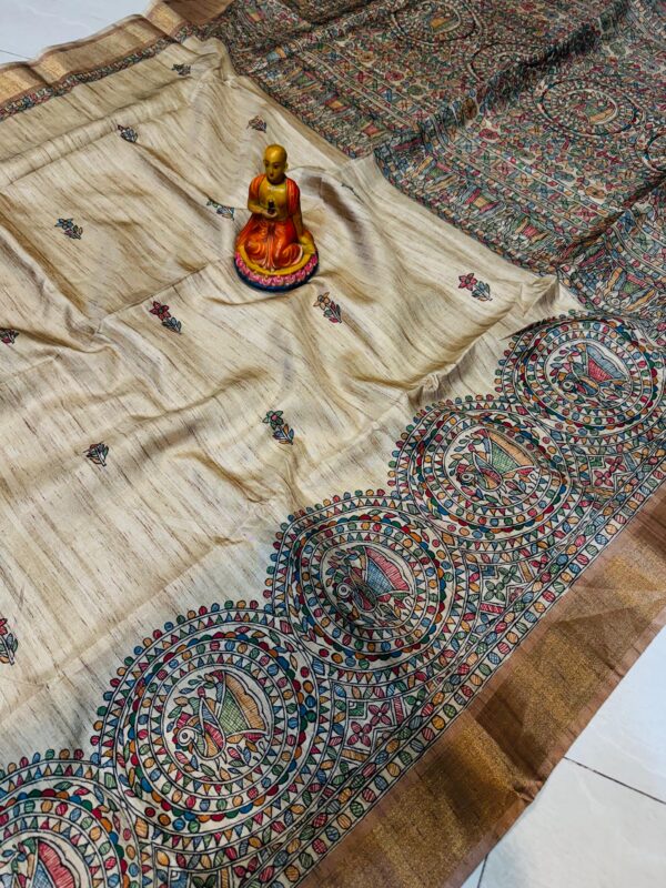 Handcrafted Tussar Silk Saree with Vibrant Madhubani Circular & Scattered Motifs – Beige & Bronze Elegance