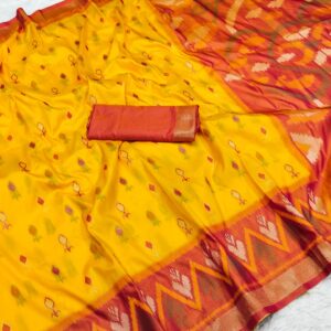 Handwoven Pure Ikat Pochampally Silk Saree in Vibrant Yellow with Terracotta Orange Pallu & Blouse