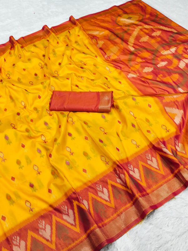 Handwoven Pure Ikat Pochampally Silk Saree in Vibrant Yellow with Terracotta Orange Pallu & Blouse