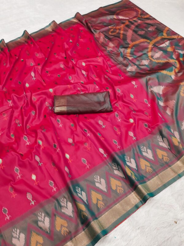 Handwoven Ikat Pochampally Silk Saree in Hot Pink with Multicolor Pallu & Dark Brown Blouse