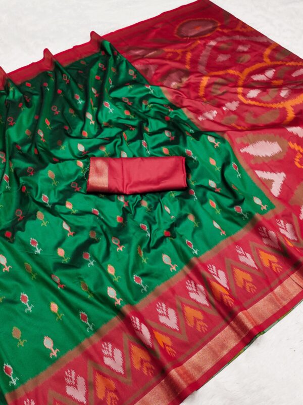 Handwoven Pure Ikat Pochampally Silk Saree in Bottle Green with Red Ikat Pallu & Blouse Piece