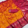 Golden Sunrise: Pure Ikat Pochampally Silk Saree with Maroon Borders & Handwoven Detailing