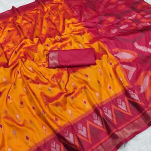 Golden Sunrise: Pure Ikat Pochampally Silk Saree with Maroon Borders & Handwoven Detailing