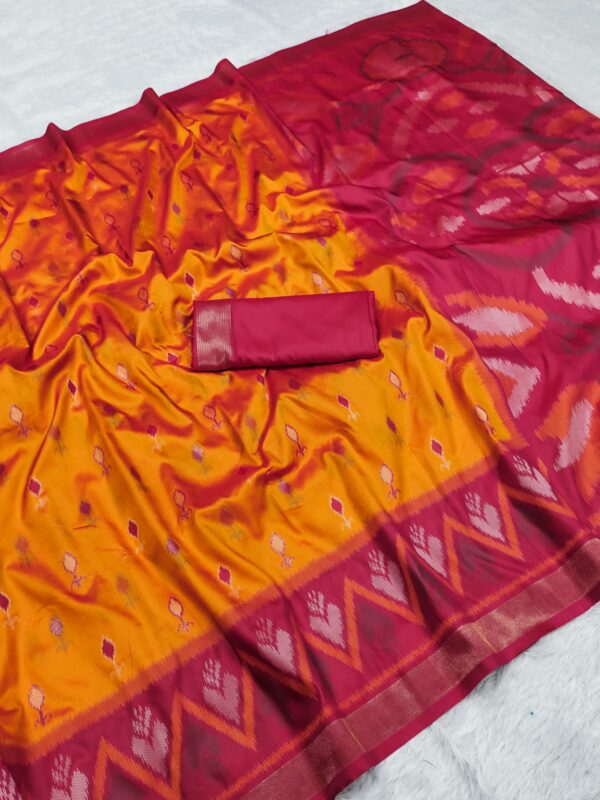 Golden Sunrise: Pure Ikat Pochampally Silk Saree with Maroon Borders & Handwoven Detailing