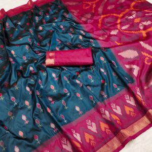 Handwoven Pure Ikat Pochampally Silk Saree in Deep Teal with Hot Pink Pallu & Blouse Piece