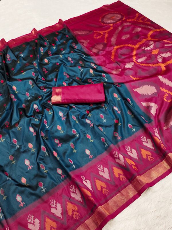 Handwoven Pure Ikat Pochampally Silk Saree in Deep Teal with Hot Pink Pallu & Blouse Piece
