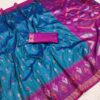 Handwoven Pure Ikat Pochampally Silk Saree in Peacock Blue with Dark Magenta Pallu & Blouse