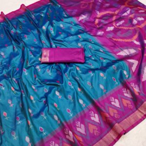 Handwoven Pure Ikat Pochampally Silk Saree in Peacock Blue with Dark Magenta Pallu & Blouse