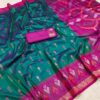 Handwoven Pure Ikat Pochampally Silk Saree in Deep Blue-Green with Magenta Ikat Pallu & Blouse