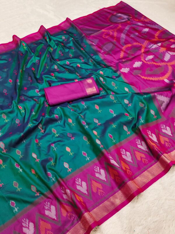 Handwoven Pure Ikat Pochampally Silk Saree in Deep Blue-Green with Magenta Ikat Pallu & Blouse
