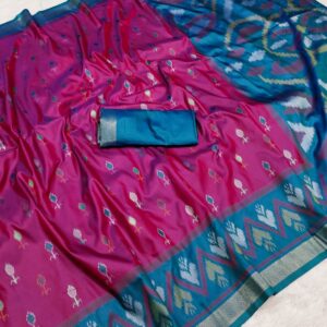 Handwoven Pure Ikat Pochampally Silk Saree in Dark Fuchsia with Teal Blue Pallu & Blouse