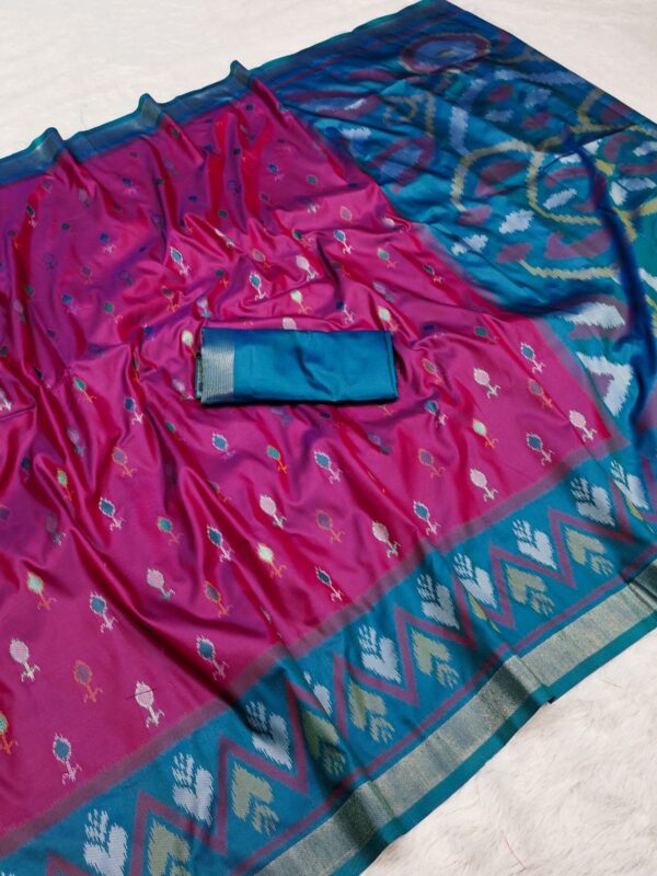 Handwoven Pure Ikat Pochampally Silk Saree in Dark Fuchsia with Teal Blue Pallu & Blouse