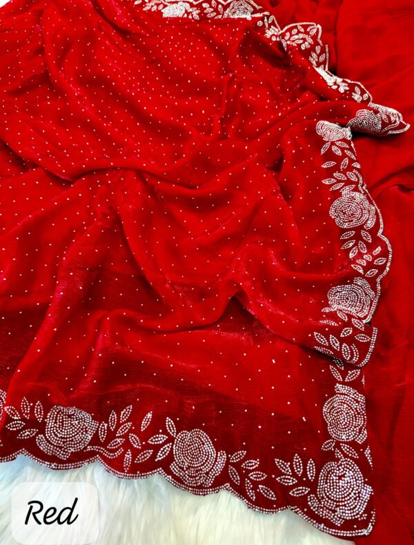 Crimson Elegance: Handcrafted Red Satin Georgette Saree with Stone Embellishments