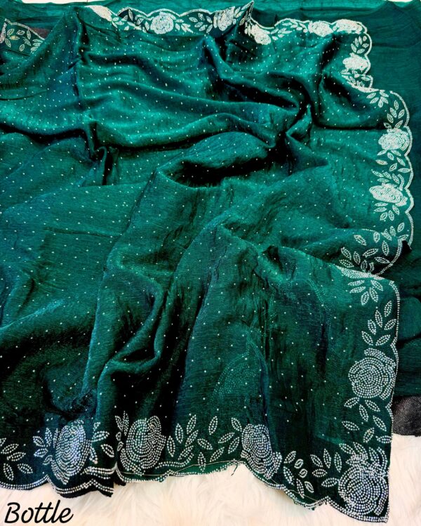 Emerald Grace: Bottle Green Satin Georgette Saree with Hand-Embellished Stone Detailing