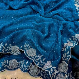 Teal Temptation: Designer Satin Georgette Saree with Handcrafted Stone Embellishments