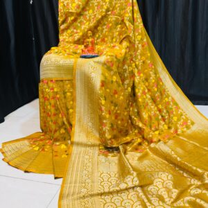 Handcrafted Mustard Yellow Khadi Paithani Silk Saree with Gold Zari & Subtle Meena Floral Motifs