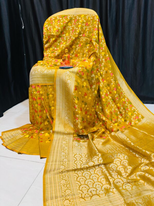 Handcrafted Mustard Yellow Khadi Paithani Silk Saree with Gold Zari & Subtle Meena Floral Motifs