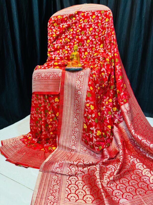 Handcrafted Red Pure Khadi Paithani Silk Saree with Silver Zari & Meena Floral Work