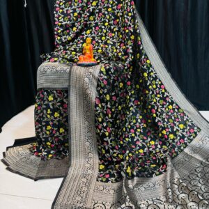 Handcrafted Black Khadi Paithani Silk Saree with Silver Zari & Vibrant Meena Floral Motifs