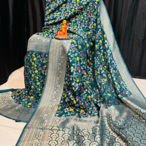 Handcrafted Peacock Blue Khadi Paithani Silk Saree with Silver Zari & Meena Floral Weave