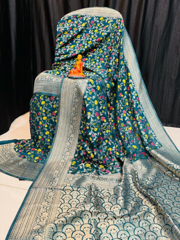 Handcrafted Peacock Blue Khadi Paithani Silk Saree with Silver Zari & Meena Floral Weave