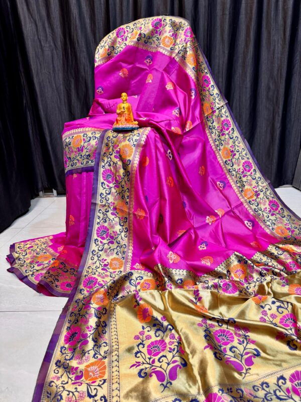 Handcrafted Fuchsia Pink Khadi Paithani Silk Saree with Broad Gold Zari Border & Vibrant Floral Meena Work