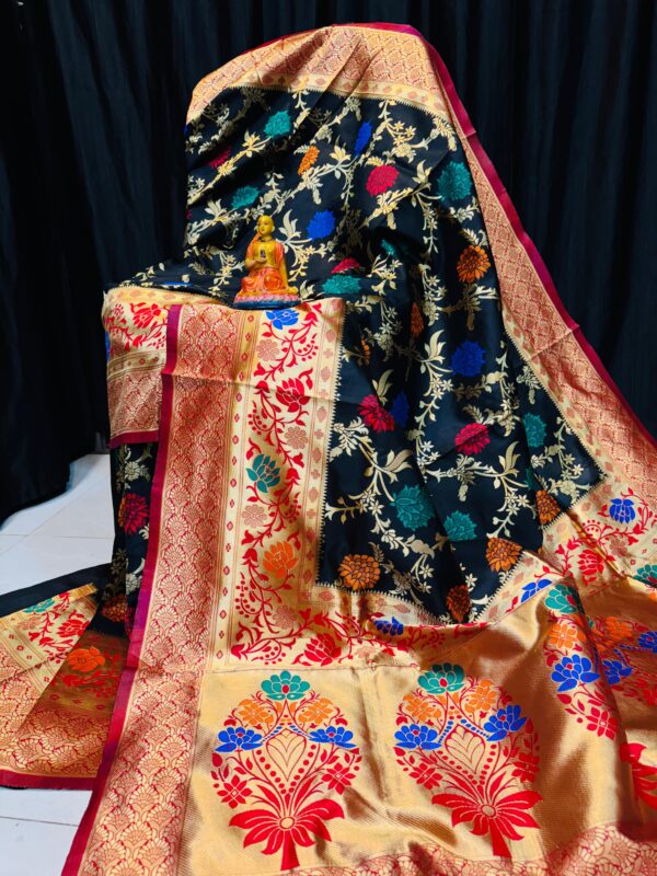 Handcrafted Black Khadi Paithani Silk Saree with Broad Gold Zari Border & Vibrant Floral Meena Work