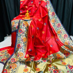 Handcrafted Red Khadi Paithani Silk Saree with Rich Gold Zari Border & Multicolor Meena Work
