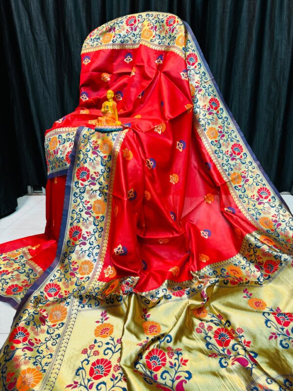 Handcrafted Red Khadi Paithani Silk Saree with Rich Gold Zari Border & Multicolor Meena Work