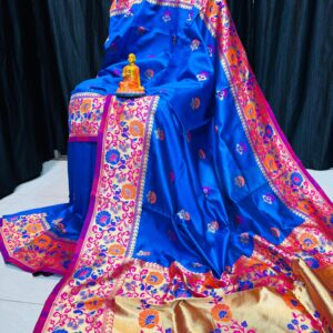 Handcrafted Royal Blue Khadi Paithani Silk Saree with Rich Gold Zari Border & Multicolor Meena Work