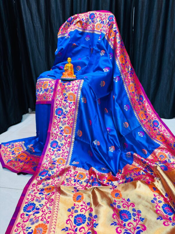 Handcrafted Royal Blue Khadi Paithani Silk Saree with Rich Gold Zari Border & Multicolor Meena Work