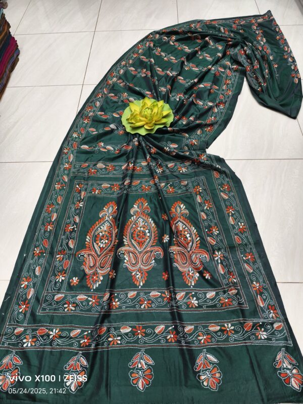 Bottle Green Assam Silk Saree with All-Over Handcrafted Kantha Stitch