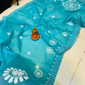 Turquoise Handcrafted Lucknowi Katha Work Saree in Pure Polished Cotton – No Blouse Piece