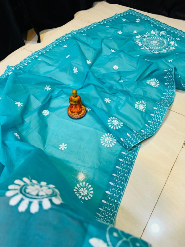 Turquoise Handcrafted Lucknowi Katha Work Saree in Pure Polished Cotton – No Blouse Piece