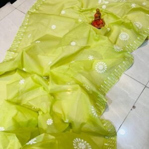 Lime Green Handcrafted Lucknowi Katha Saree in Polished Pure Cotton – No Blouse Piece