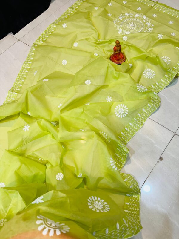 Lime Green Handcrafted Lucknowi Katha Saree in Polished Pure Cotton – No Blouse Piece