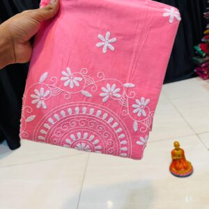 Elegant Baby Pink Handcrafted Lucknowi Katha Saree in Polished Pure Cotton – No Blouse Piece