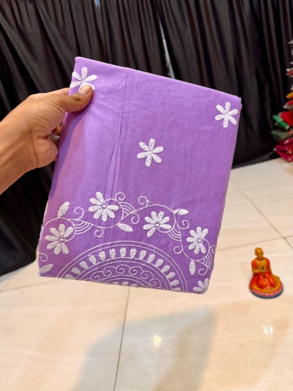 Light Purple Handcrafted Lucknowi Katha Work Saree in Pure Polished Cotton – No Blouse Piece