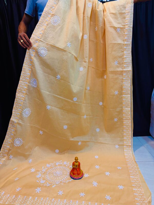 Peach Handcrafted Lucknowi Katha Work Saree in Polished Pure Cotton – No Blouse Piece