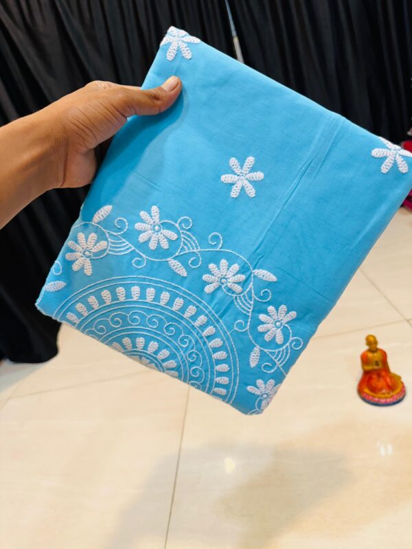 Handcrafted Pure Cotton Lucknowi Katha Work Saree – Sky Blue Elegance (No Blouse Piece)