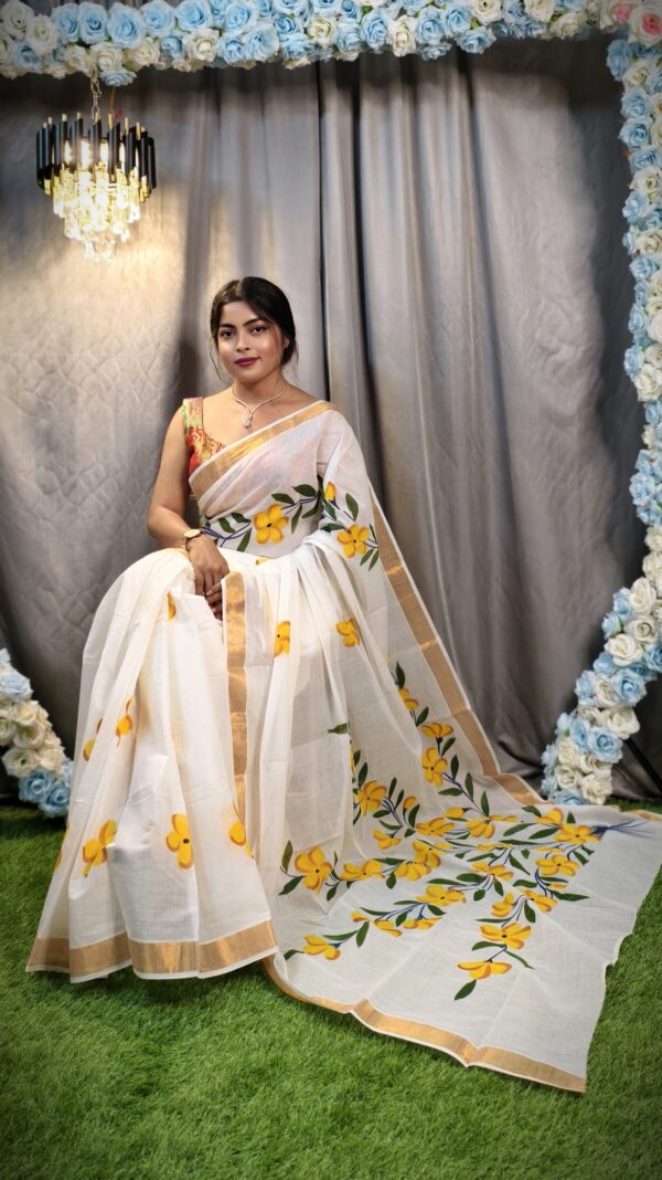Sun-Kissed Bloom: Off-White Kerala Cotton Saree with Hand-Painted Yellow Florals & Gold Border