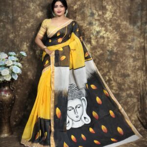 Kerala Cotton Hand-Painted Saree with Lord Buddha Motif – Yellow, Black & White Color Block Design with Gold Border | Free Size with Blouse Piece