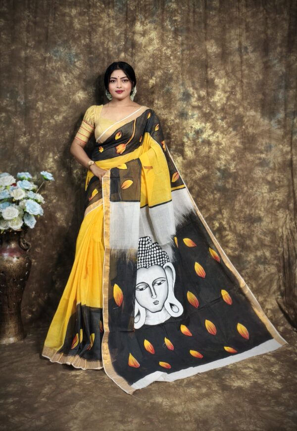 Kerala Cotton Hand-Painted Saree with Lord Buddha Motif – Yellow, Black & White Color Block Design with Gold Border | Free Size with Blouse Piece