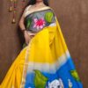 Hand-Painted Kerala Cotton Saree in Yellow & Blue with Lord Ganesha Motif – Free Size with Blouse Piece
