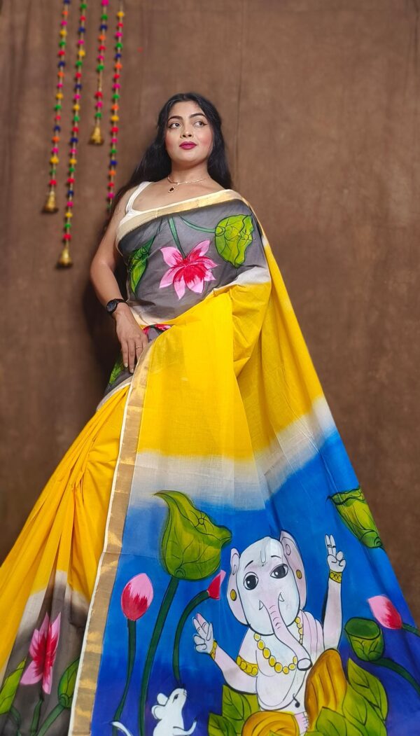 Hand-Painted Kerala Cotton Saree in Yellow & Blue with Lord Ganesha Motif – Free Size with Blouse Piece